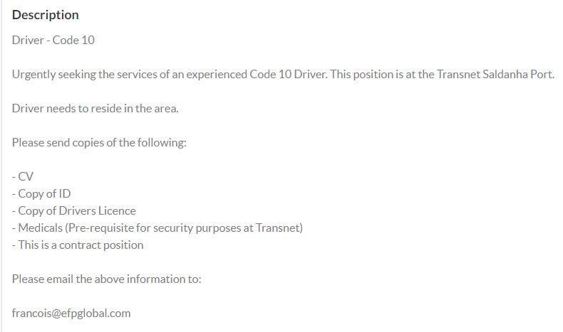 Driver - Code 10 - Saldanha (Contract position) in Saldanha - Image 1
