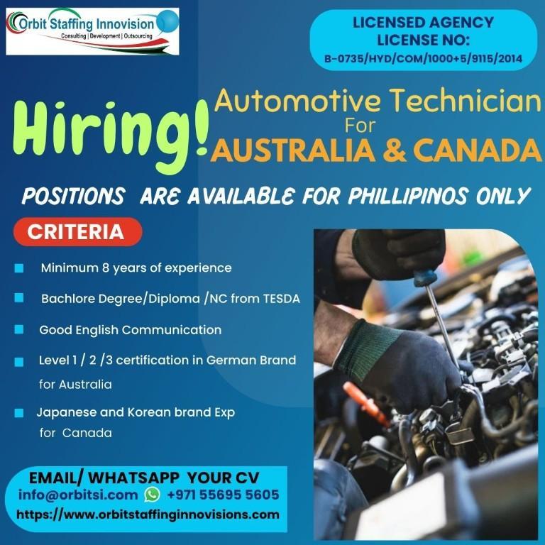 Hiring Automotive Technicians for Australia & Canada! in Kamalapuri Colony - Image 1