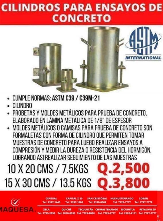 CILINDROS PARA PROBAR RESISTENCIA DE COMPRESION DE CONCRETO en Cobán - Imagen 1