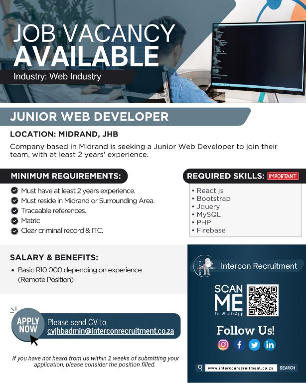 Junior Web Developer – Midrand, JHB (Remote Position) in Germiston - Image 1