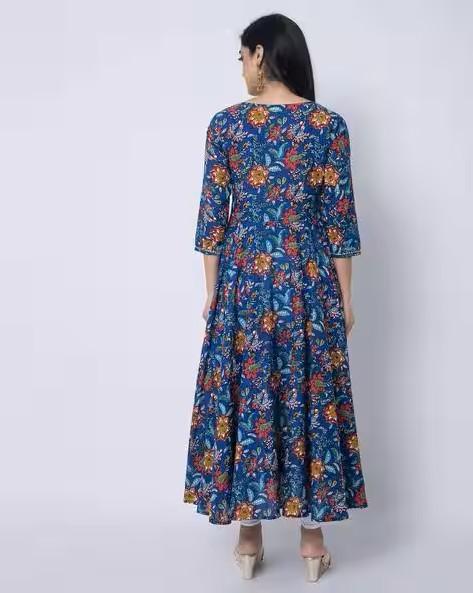 Floral Print Round-Neck Flared Kurta in India - Image 2