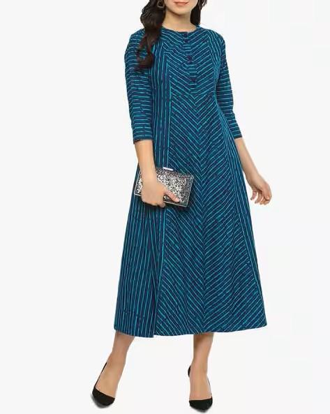 Striped Flared Kurta with Button Placket in India - Image 1
