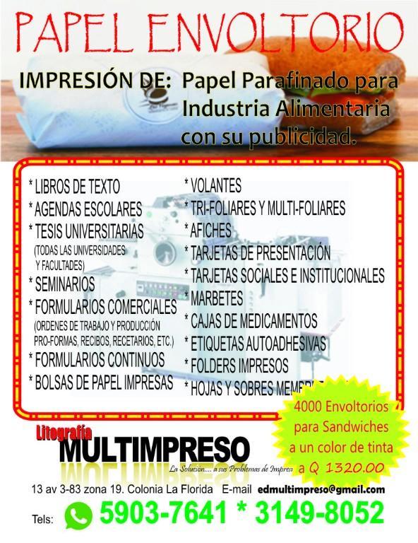 PAPEL PARAFINADO IMPRESO PARA COMIDA RAPIDA en Guatemala - Imagen 1
