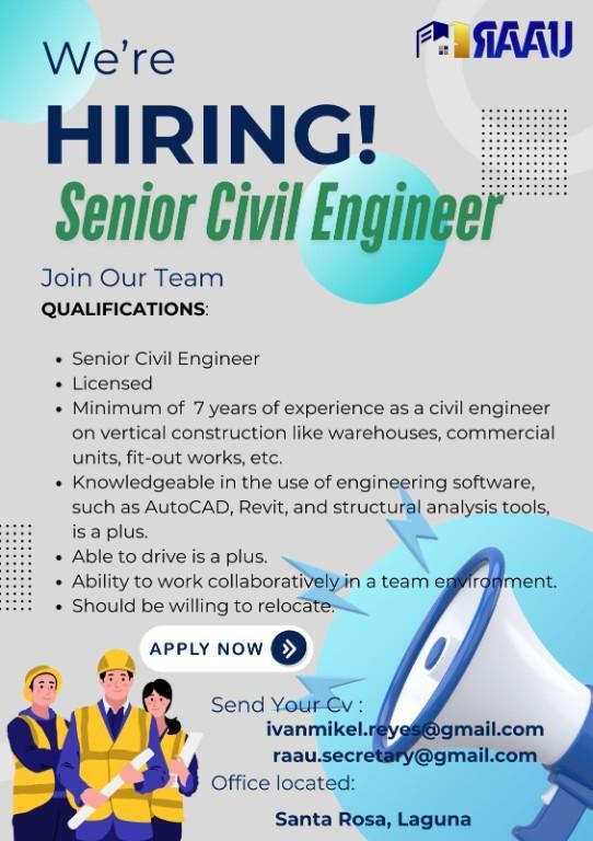 SENIOR CIVIL ENGINEER RAAU ENGINEERING SERVICES STA ROSA LAGUNA in Bayanan - Image 1