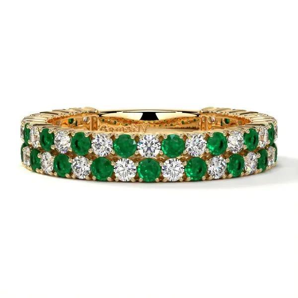 18K Yellow Gold Diamond and Emerald Eternity Style Wedding Rings in New York - Image 1