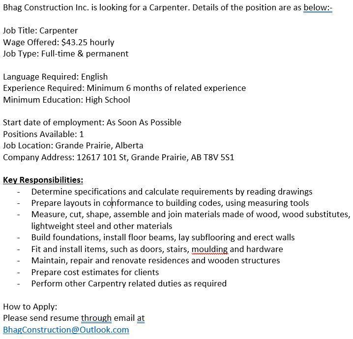 Carpenter Position in Grande Prairie - Image 1
