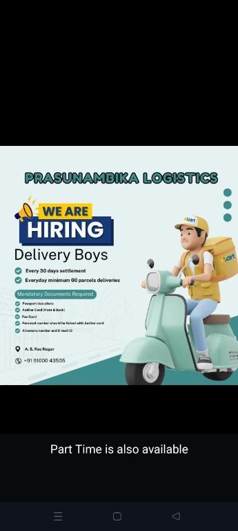 Delivery Boys wanted at AS Rao Nagar in Kamalapuri Colony - Image 1