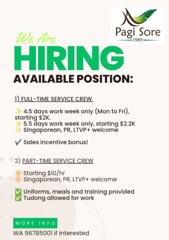Looking for Full-timer & Part-timer Service Crews in Mandai - Image 1