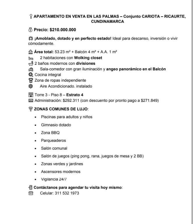 VENTA APARTAMENTO CARIOTA LAS PALMAS RICAURTE en Flandes - Imagen 2