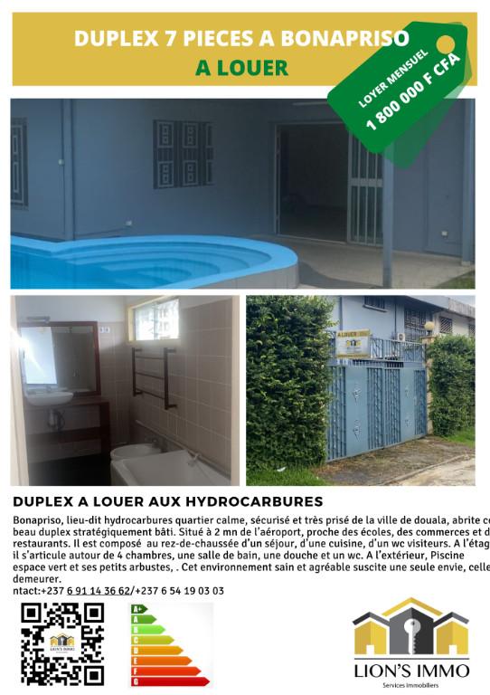 DUPLEX 7 PIECES AVEC PISCINE A BONAPRISO A LOUER 1800000/MOIS au Cameroun - Photo 1
