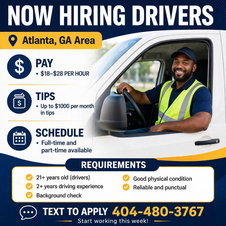 Drivers Needed – Atlanta, GA (18 to 28hr plus Tips) in Atlanta - Image 2