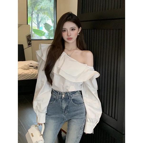 2023 Half-Sided Shoulder Simple Ruffled Solid Color Shirt … in Taman Johor Jaya - Image 1