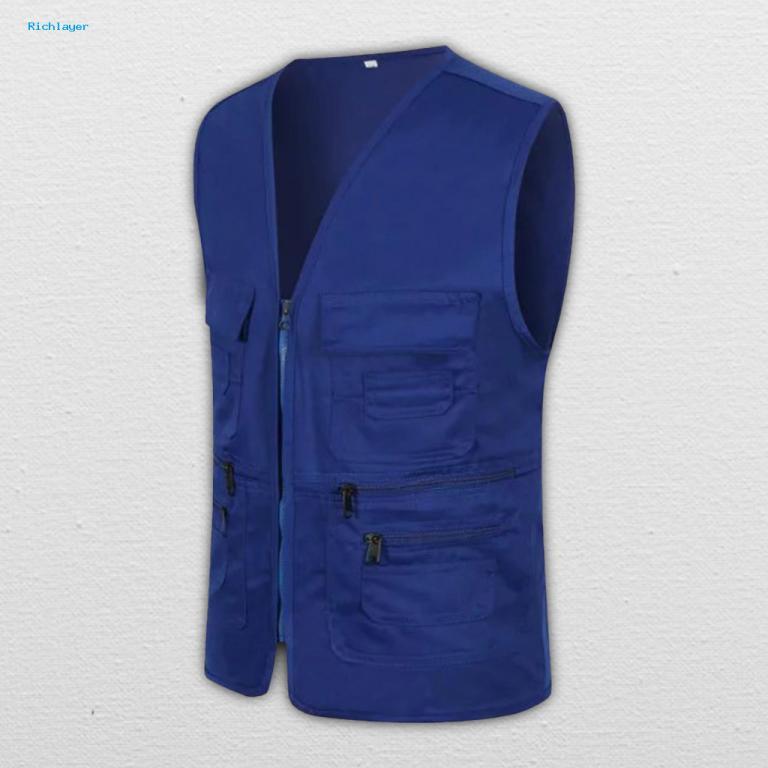 Richlayer_ Men Vest Jacket Solid Color Multiple Pockets … in Singapore - Image 1