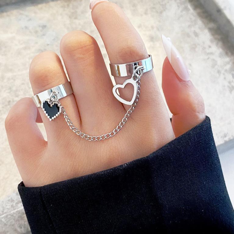 Heart Linked Double Rings Set Adjustable Punk Style Open … in Mandai - Image 1