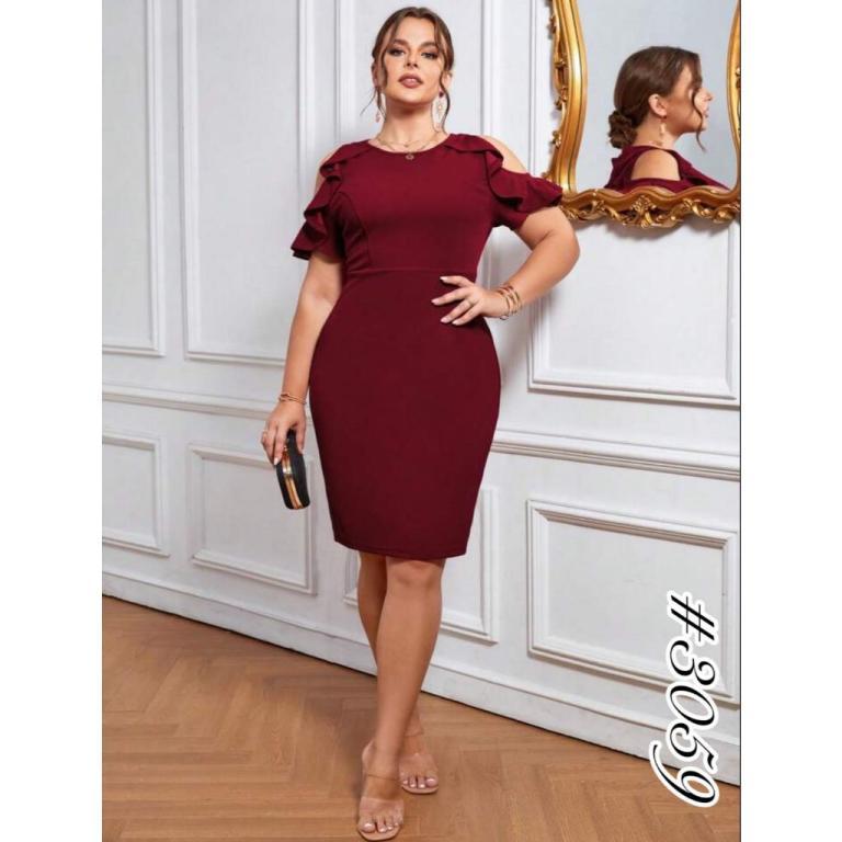 Plus Size Casual Cold Color Shoulder Ruffle Trim Bodycon … in Singapore - Image 1