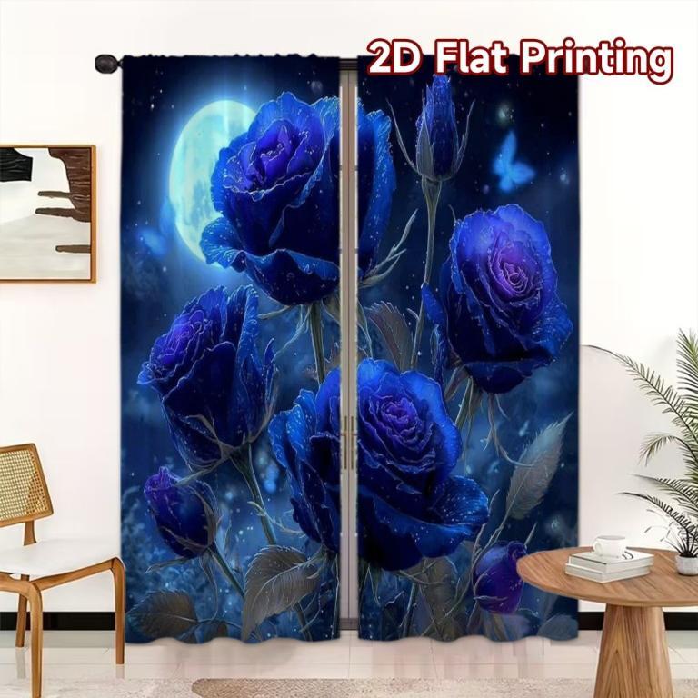 2D flat printing 2pcs Curtain Curtain Moonlit Blue Roses … in Toa Payoh - Image 1