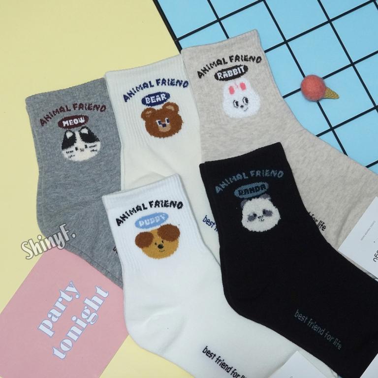 Korean Socks Cute Flocking Animal Letters Cat Bear Rabbit … in Bukit Merah - Image 1