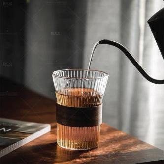 Aesthetic Wooden Handle Rim Glass 330ml High Ripple Cafe … in Singapore - Image 1