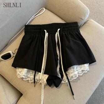 Drawstring Patchwork Lace Shorts Spring Summer Women High … in Singapore - Image 1
