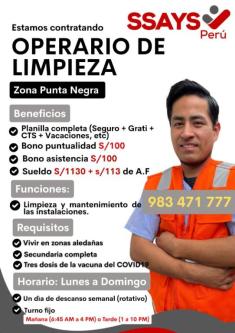 ESTAMOS CONTRATANDO OPERARIOS DE LIMPIEZA EMPRESA FARMACEUTICA en Lima - Imagen 1