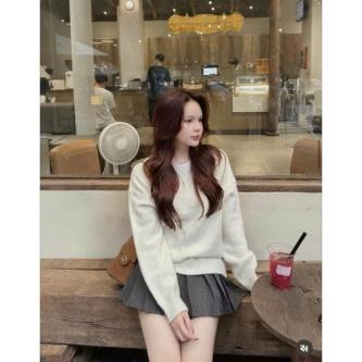 Medium Long Round Neck Sweater, Basic Plain Shirt in Rabbit … in Singapore - Image 1