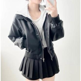 [PAPI] Fake Two-Piece Stitching Short Leather Jacket Autumn … in Singapore - Image 1