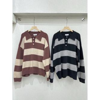 PLOYNAPAS-Sweater Large Striped Woven Stamped Button … in Singapore - Image 1