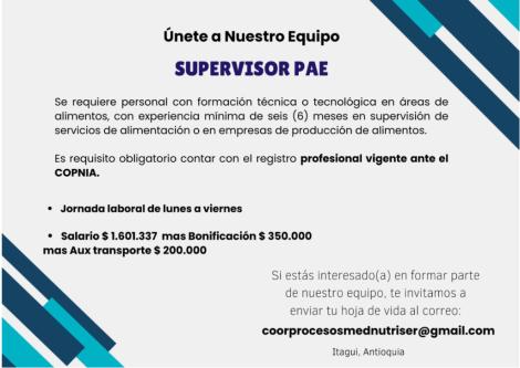SUPERVISOR PROGRAMA DE ALIMENTACION ESCOLAR en Itagüí - Imagen 1