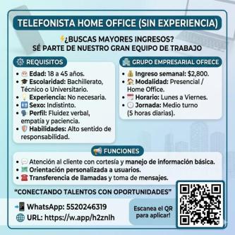 TELEFONISTA HOME OFFICE MEDIO TIEMPO en Coyoacán - Imagen 1