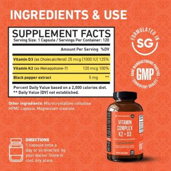 Vitamin Complex K2 + D3 - Bone Density Support, Support … in Singapore - Image 1