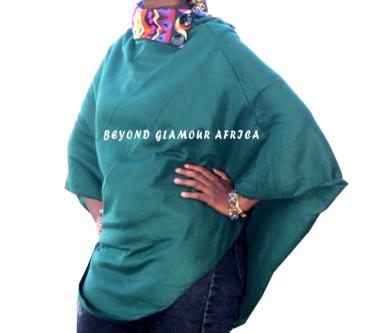 Womens Green Cotton Poncho with ankara collar in Kikuyu - Image 1