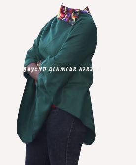 Womens Green Cotton Poncho with ankara collar in Kikuyu - Image 2